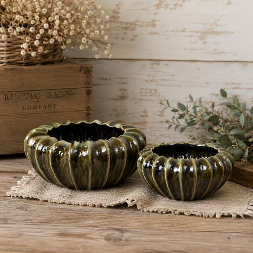 Olive green pod bowl styled — rustic ceramic home décor by The Rustic Barn Company