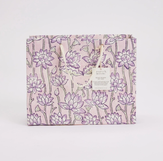 Block Printed Gift Bag- Lavender (medium)