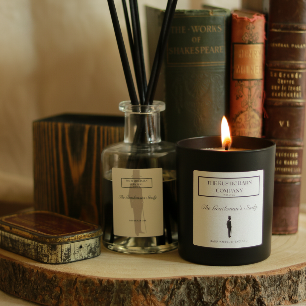 The Gentleman's Study 220g candle by The Rustic Barn Company with a lit flame, styled alongside the matching reed diffuser on a wooden slice with leather-bound books and a vintage tin