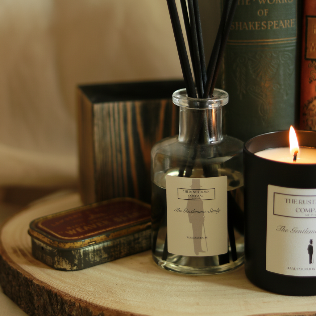 The Gentleman's Study reed diffuser and candle by The Rustic Barn Company with a lit flame, styled on a wooden slice with a vintage tin and leather-bound books in the background
