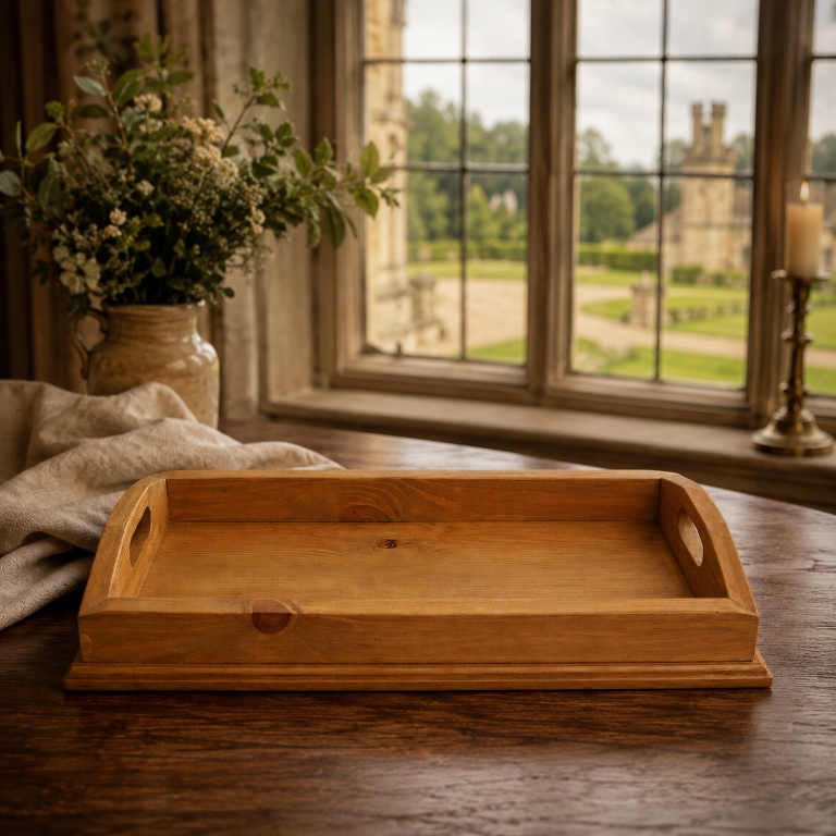 Manor handcrafted wooden tray with cut-out handles styled on a dark wood table by a country house window with flowers and candle