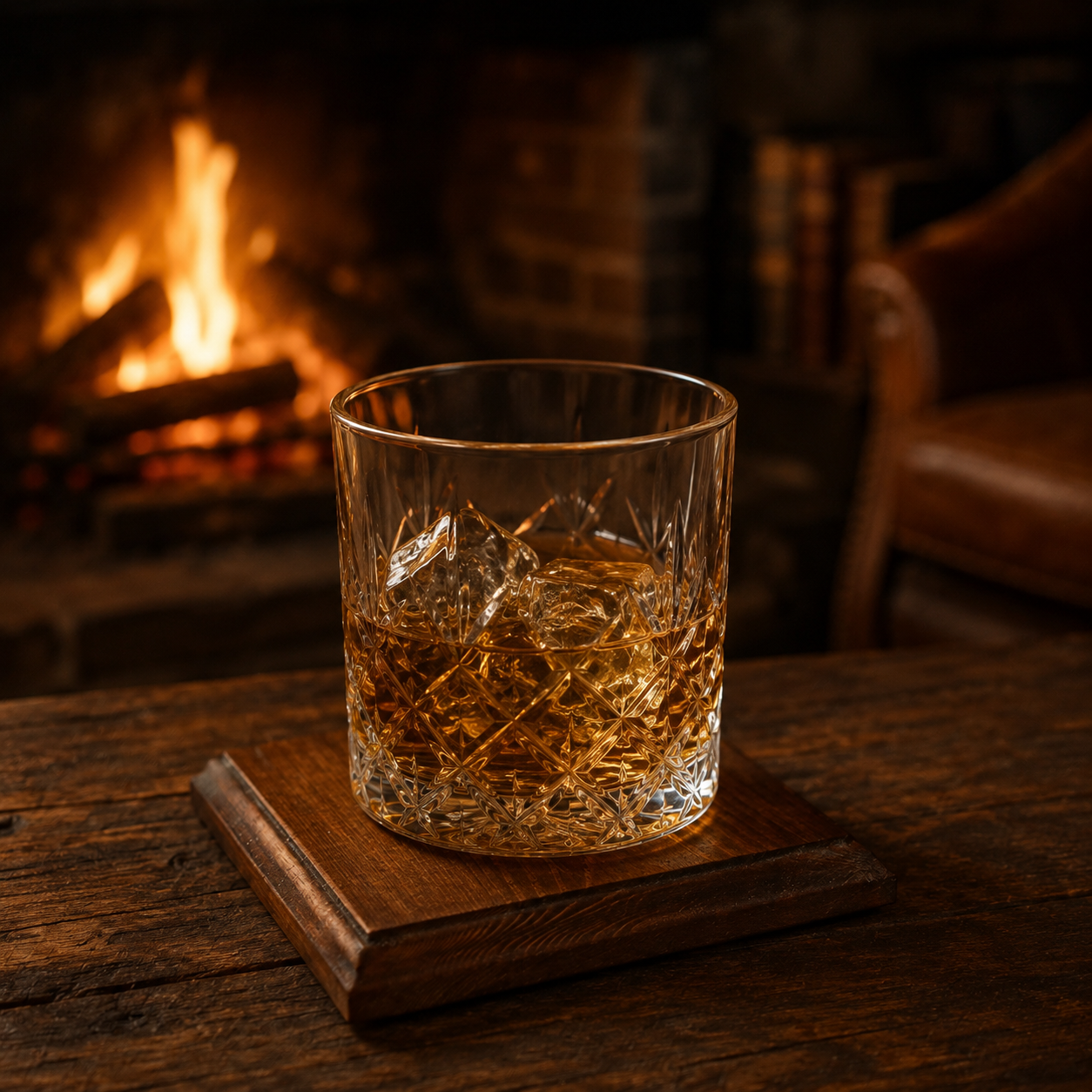 Handcrafted wooden coaster styled with a crystal whisky glass by a glowing fireplace — rustic home decor by The Rustic Barn Company