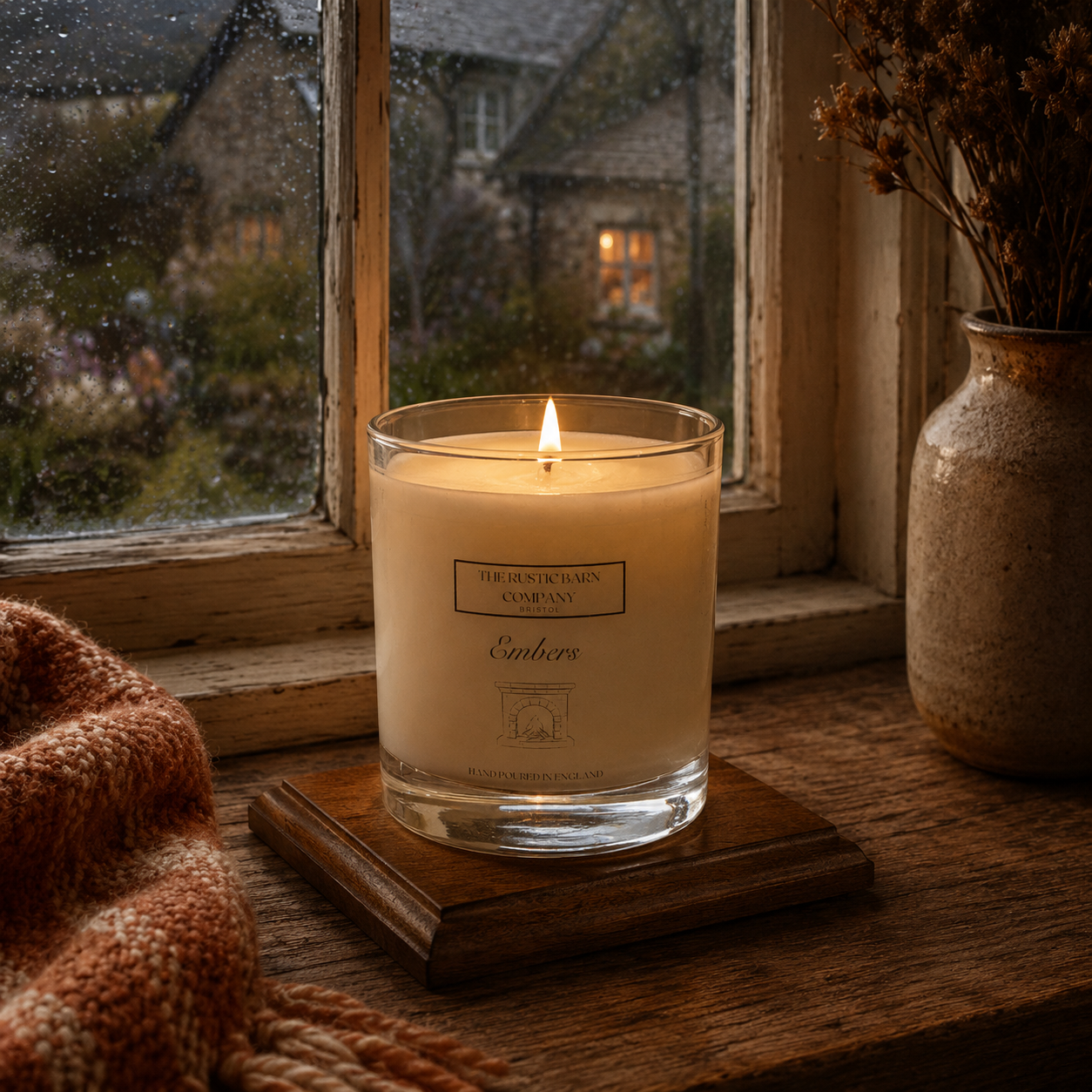 Handcrafted wooden coaster styled with an Embers scented candle on a rainy windowsill — rustic home accessory by The Rustic Barn Company