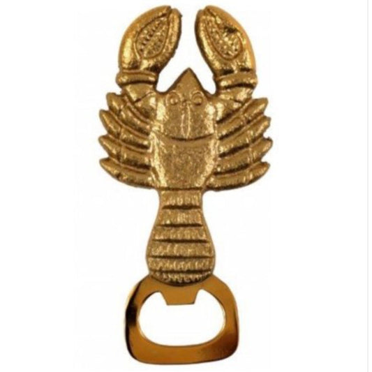 Gold lobster bottle opener with detailed cast metal body and antique gold finish, shown from the front on a white background