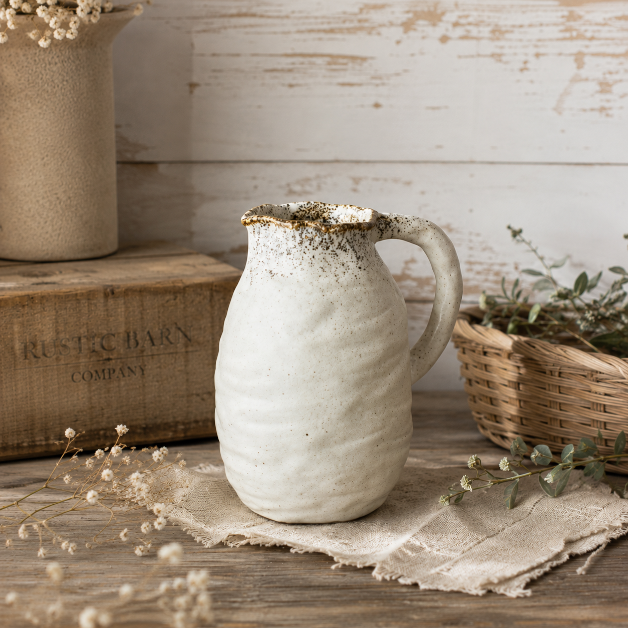 Beba speckled jug styled — rustic ceramic home décor by The Rustic Barn Company