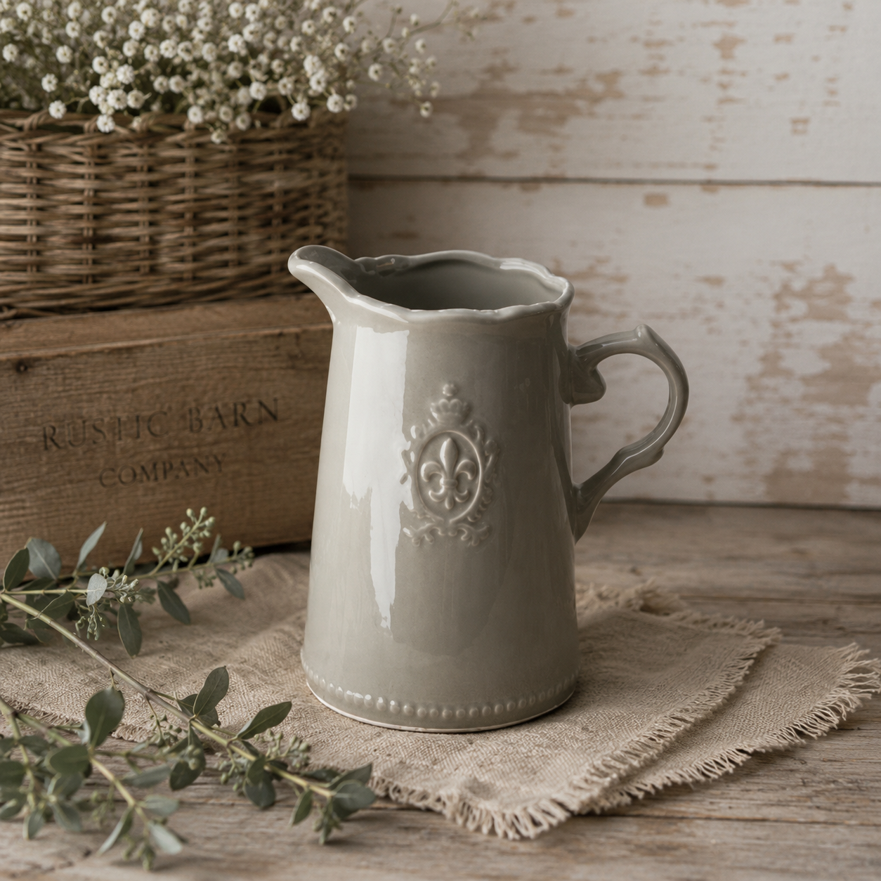 Grey Fleur De Lis jug styled — rustic ceramic home décor by The Rustic Barn Company