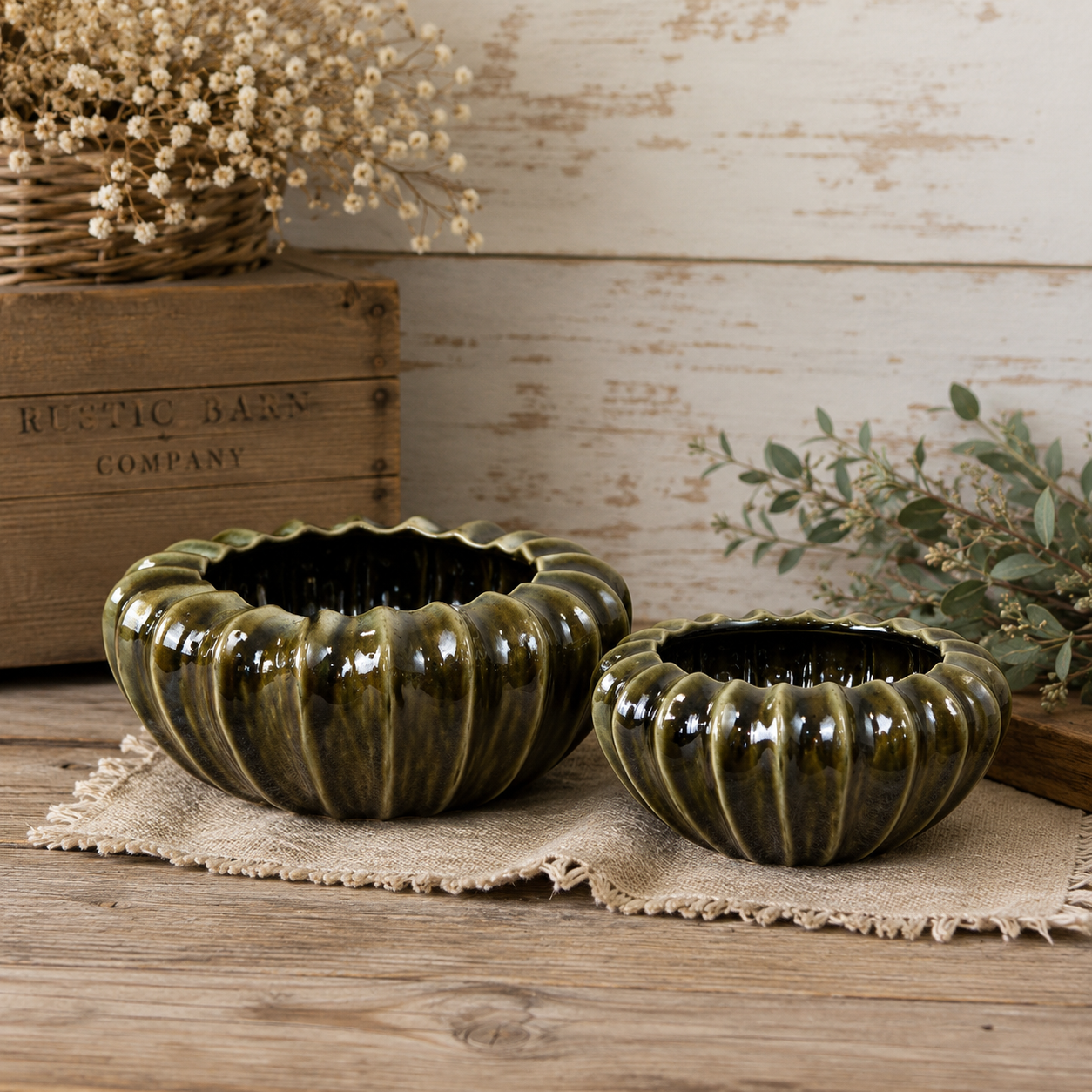 Olive green pod bowl styled — rustic ceramic home décor by The Rustic Barn Company