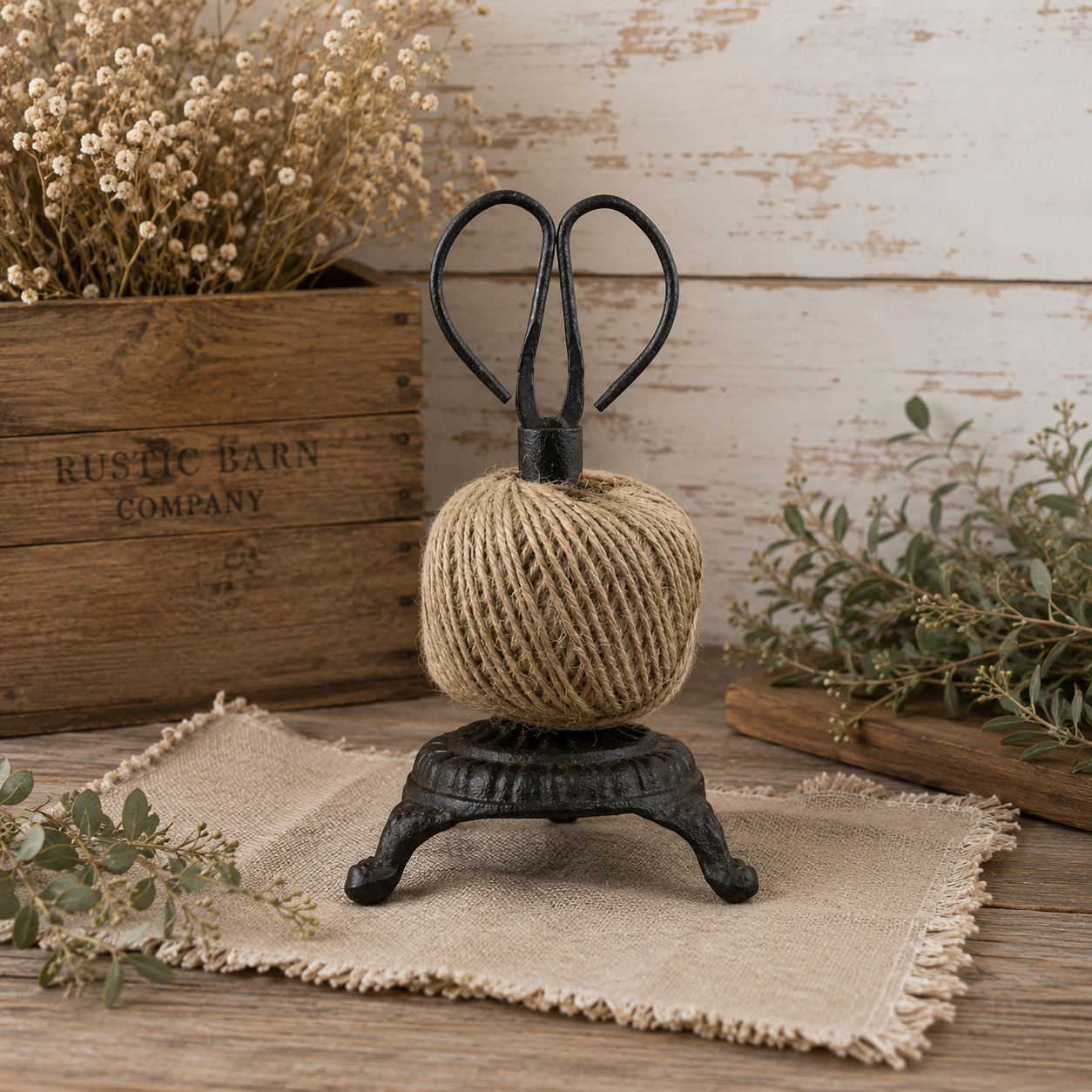 String tidy and scissors set in use — rustic home accessory by The Rustic Barn Company