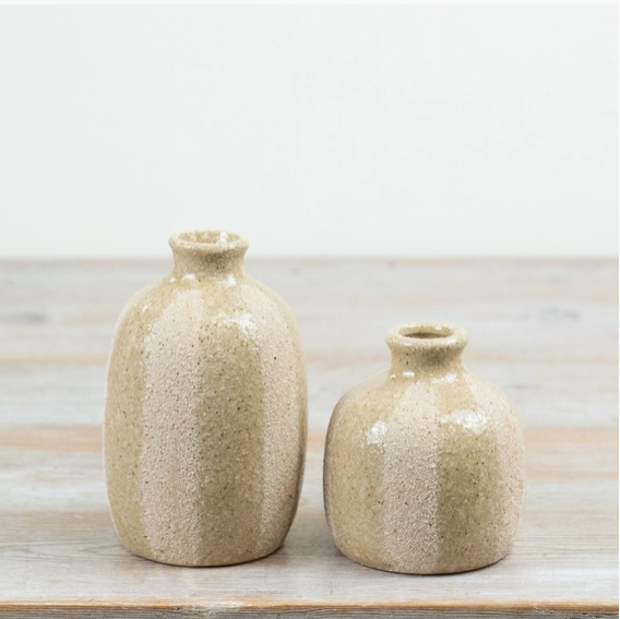 "Rustic Striped Ceramic Vase in Large and Small sizes, styled together on a wooden surface with a neutral background"