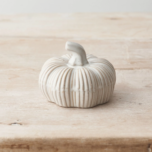 Rustic Ceramic Pumpkin Ornament Small size, white ribbed glaze finish styled on a wooden surface