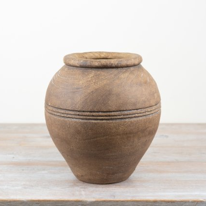 Rustic handcrafted brown vase with a rounded body, rimmed lip and incised line detailing, shown straight on