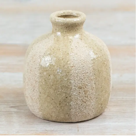 "Close-up of Rustic Striped Ceramic Vase Small size, showing textured sandy glaze finish on a wooden surface"