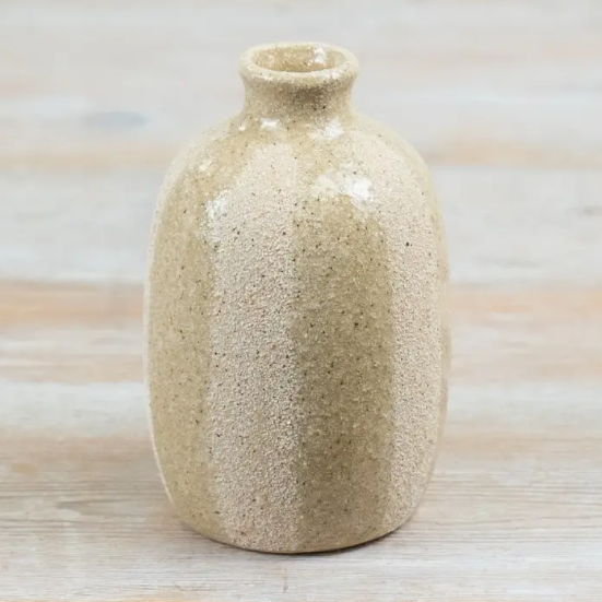 Rustic Striped Ceramic Vase Large size, showcasing speckled sandy glaze and tall bottle silhouette on a wooden surface"