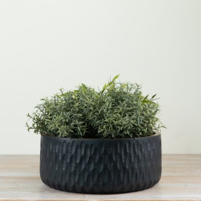 A round black textured planter pot containing a green leafy plant, displayed on a light wooden surface against a plain off-white background.