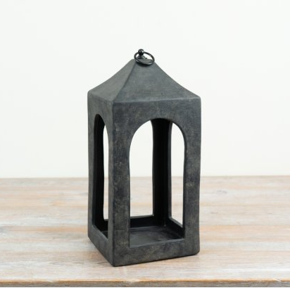 Rustic open-frame ceramic candle lantern in deep charcoal with arched sides and a ring on top, shown straight on