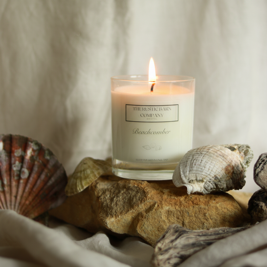 Beachcomber 220g candle by The Rustic Barn Company with a lit flame, styled on coastal rocks surrounded by seashells and driftwood on a linen cloth