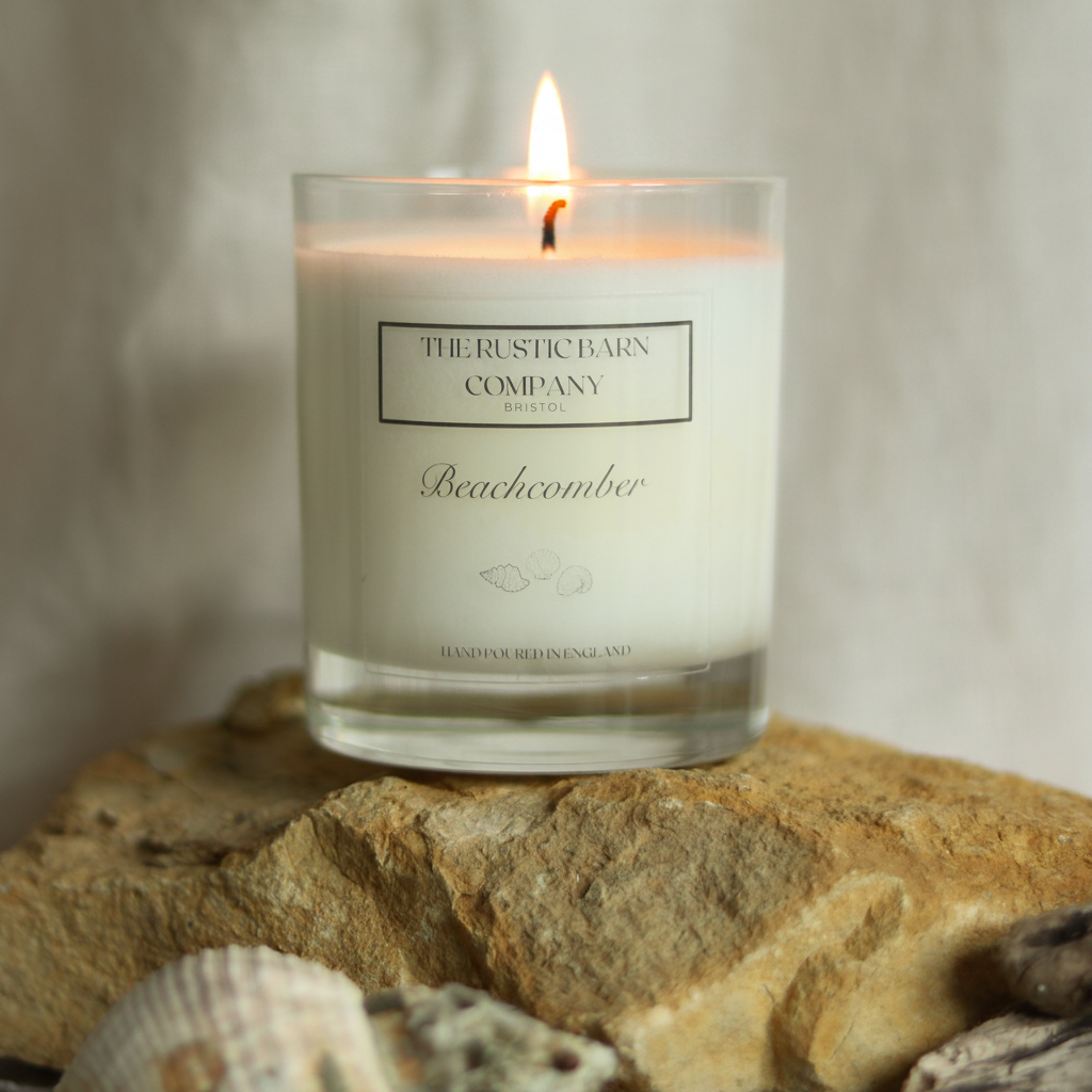 Beachcomber 220g candle by The Rustic Barn Company with a lit flame, displayed on coastal rocks with seashells against a soft linen background