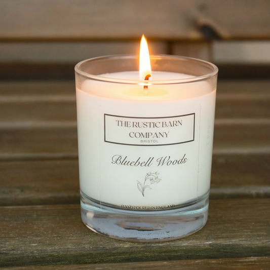 Bluebell Woods Candle with Flame - Rustic Background