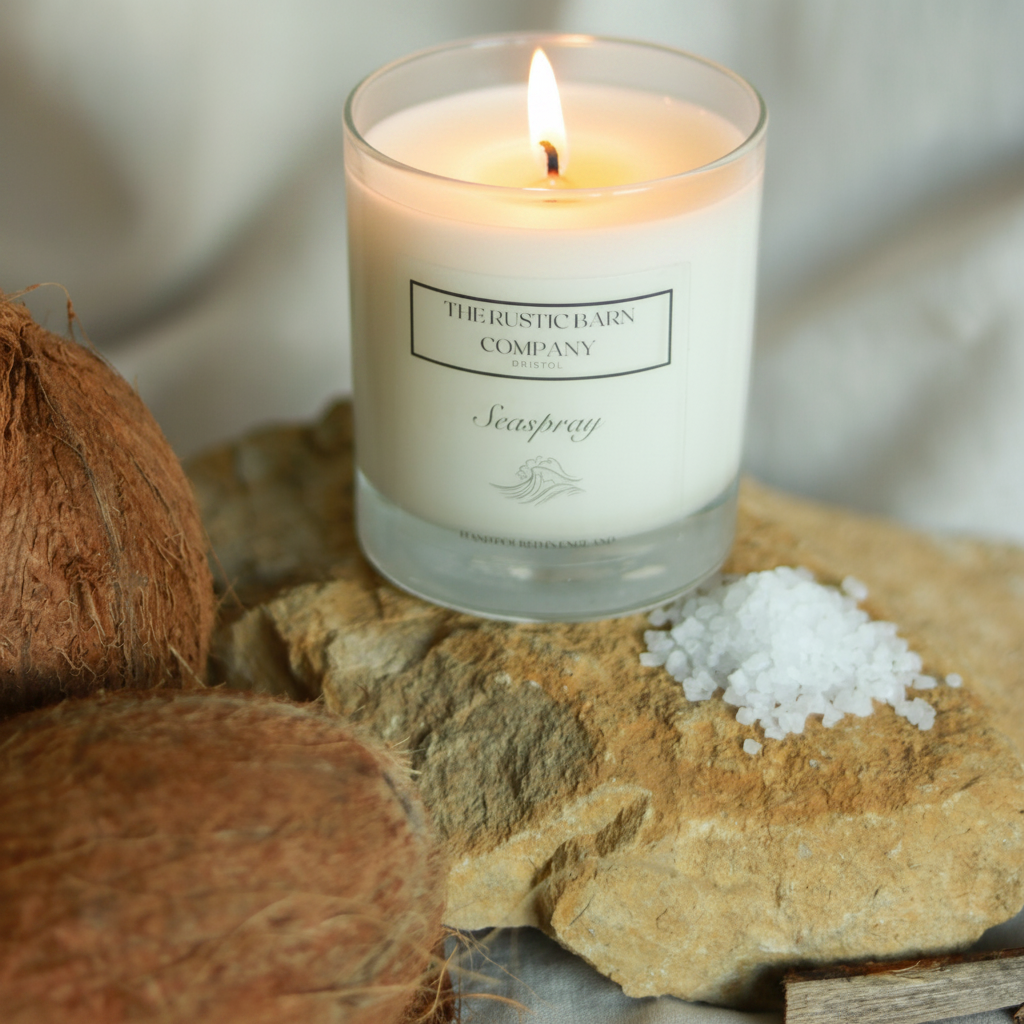 Seaspray 220g candle by The Rustic Barn Company with a lit flame, displayed on coastal rocks with coconut halves and sea salt crystals on a linen background