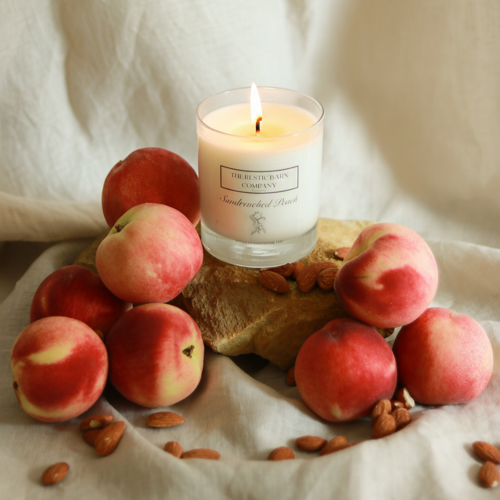 Sundrenched Peach 220g candle by The Rustic Barn Company with a lit flame, displayed on a wooden stand surrounded by fresh peaches and almonds on a linen cloth