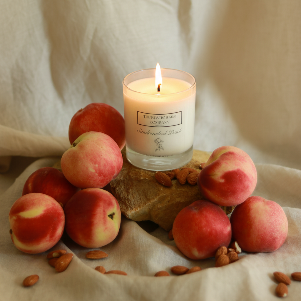 Sundrenched Peach 220g candle by The Rustic Barn Company with a lit flame, surrounded by fresh peaches and almonds on a linen cloth