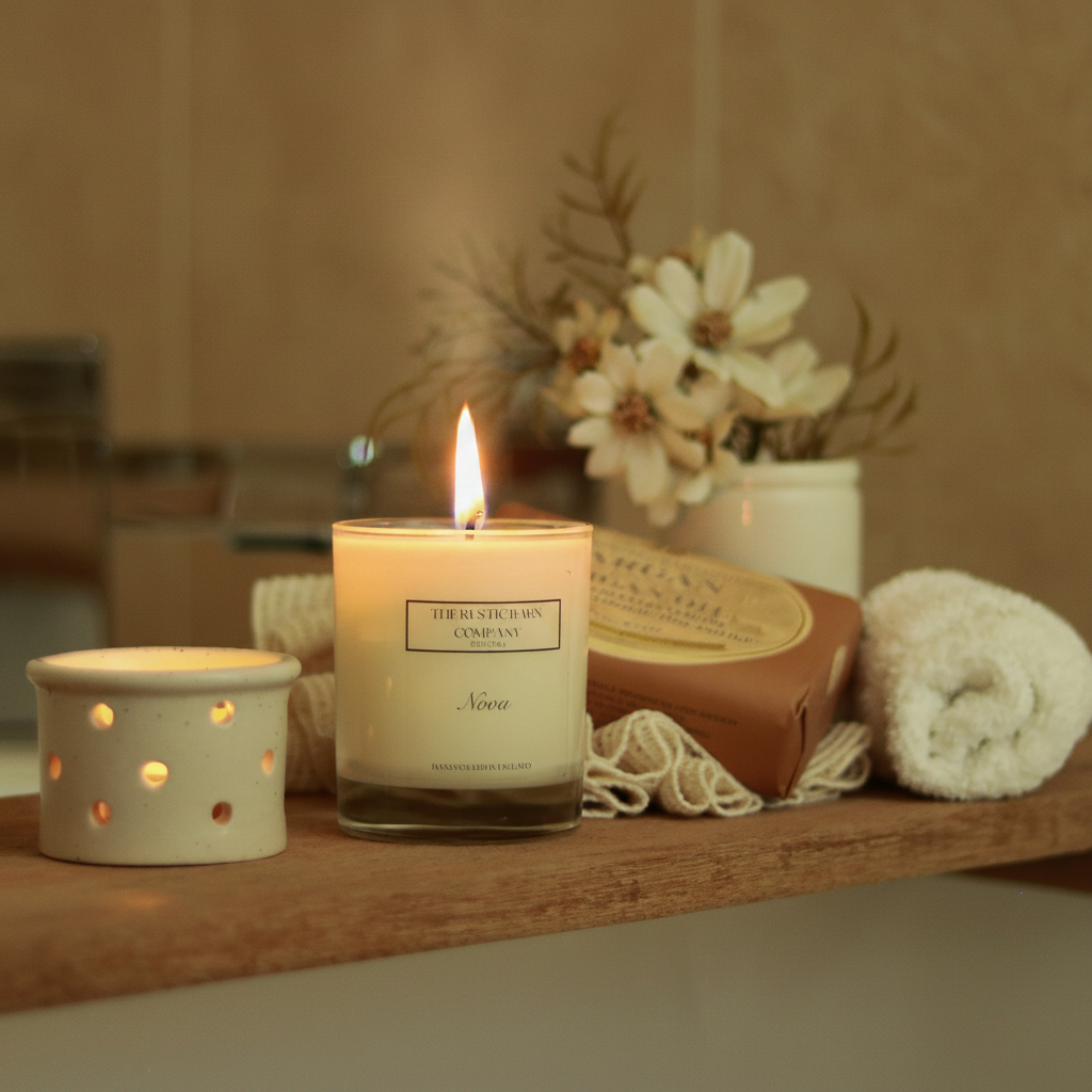Teak Bath Bar Candle with Flame