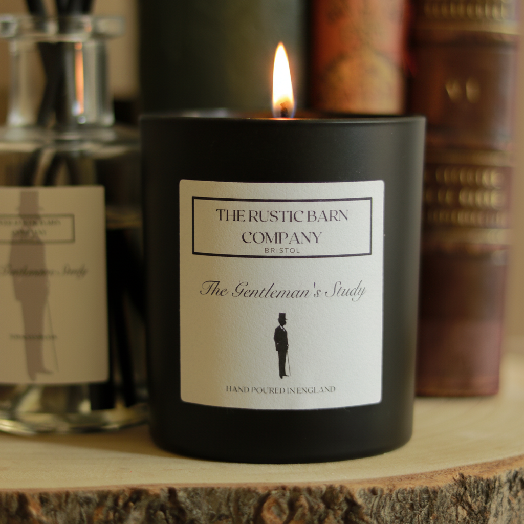 The Gentleman's Study 220g candle by The Rustic Barn Company with a lit flame, displayed on a wooden slice with leather-bound books and glass bottles in the background