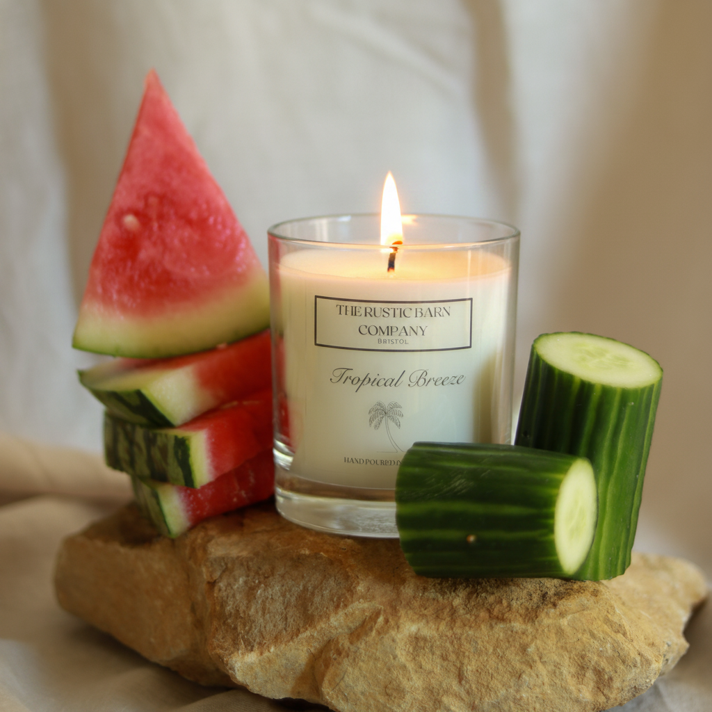 Tropical Breeze 220g candle by The Rustic Barn Company with a lit flame, centred between stacked watermelon slices and chunky cucumber pieces on coastal rocks with a soft linen backdrop